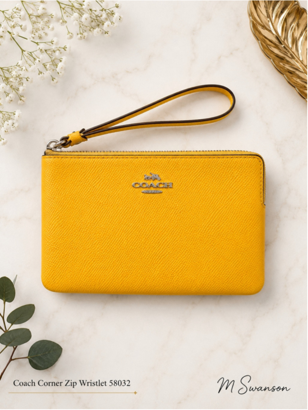 Coach Corner Zip Wristlet 58032 Yellow Crossgrain Leather EUC